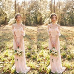 Spaghetti Strap Sexy Blush Pink Chiffon Bridesmaid Dresses Long Bohemian Ruffles Beach Wedding Maid of Honor Maxi Gowns Custom Made Cheap