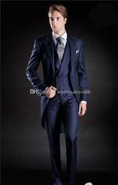 Slim Fit Morning Style Groom Tuxedos Peak Lapel Men's Suit Navy Blue GroomsmanBest Man WeddingProm Suits(Jacket+Pants+Tie+Vest)