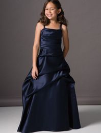 Eye-Catching Navy Blue Satin Spaghetti Sleeveless Floor-Length Ruffle Zipper Ball Gown Satin Flower Girls' Dresses Custom made