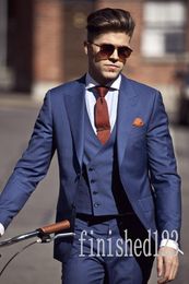 New Arrival Two Buttons Dark Blue Groom Tuxedos Peak Lapel Groomsmen Best Man Wedding Prom Dinner Suits (Jacket+Pants+Vest+Tie) G5023