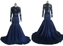 Navy Blue Mermaid Cheap Evening Dress With Illusion Long Sleeves See Through 2020 Satin Lace Cheap Prom Pageant Party Dresses Gowns