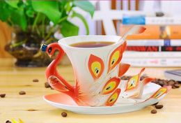 Colorful Porcelain Enamel Peacock Coffee Mug Design 45% Bone China Office Mug Creative Tea Cup 6 Colors Available 250ML