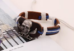 2015 latest version punk style 100% genuine leather bracelet handmade Alloy men woman skull rope adjustable bracelet 20pcs/lot