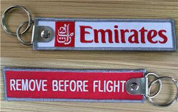 Emirates Airlines Remove Before Flight Crew Embroidered Fabric Key Chain Aviation Tags 139 x 31mm 100pcs lot