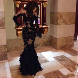 2020 New prom dresses Sexy Long Sleeves Lace Appliques Feather See Through robe soiree Mermaid party dresses Evening Gowns 167