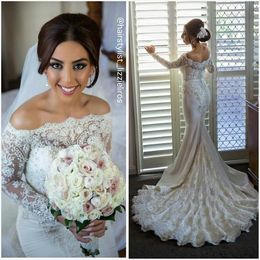 2016 Newest Mermaid Long Sleeve Lace Wedding Dresses Beaded Bateau Court Train Satin Wedding Gowns Muslim Modest Bridal Dress Off Shoulder
