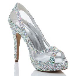 Spring Summer New Arrival Women High Heels Rhinestone Glitter AB Color Crystal Bridal Shoes Peep Toe Mesh Lace Wedding Shoes size 41