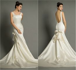 2016 Best Sale Fashion Custom Made Trumpet/Mermaid Charming Ivory Backless Buttons Court Train Square Satin Wedding Dresses 213