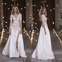 Nurit Hen White Lace Applique Wedding Dresses Sexy V Neck Long Sleeve Side Split Bridal Gowns Vestido De Novia Floor Length Wedding Dress