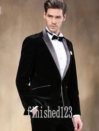 Fashionable One Button Black Velvet Groom Tuxedos Peak Lapel Groomsmen Best Man Wedding Prom Dinner Suits (Jacket+Pants+Girdle+Tie) G3946