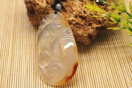 Hand-carved (amulet), natural ice seed light white agate - oblong - luck. Necklace pendant