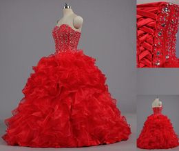 New High Quality Red Ball Gown Quinceanera Dresses 2016 Sweetheart Sequins Beads Floor Length Prom Party Sweet 16 Dress WD213