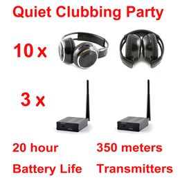 Professional Foldable Silent disco wireless headphones - Quiet Clubbing Party Bundle with 10 folding headsets and 3 Transmitters 500m Distance Control