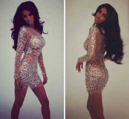 Sexy Pageant Dresses Prom Dresses Full with Crystals/Rhinestones Sheath Mini/Short Cocktail Dresses with Long Sleeves