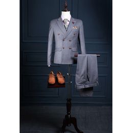 Gray Double Breasted 3 Piece Set Slim Fit Best Men Groomsman Men's WeddingProm Suit (Jacket + pants + vest) custom made