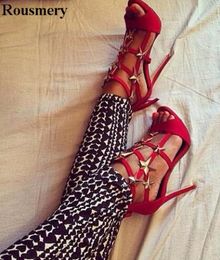 Women Open Toe Gold Sequined Stars Design Red Suede Leather High Heel Sandals Super High Heel Gladiator Sandal Dress Shoes