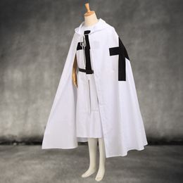 Mediaeval Templar Knights Cloak Set Men's Cosplay White Warrior Larp Costume Tunic/CAPE Black Cross Print Ouitfit