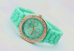 Wholesale 10 Colours Silicone Watch GENEVA Fashion Sports Crystal quartz wrist Watch men women students wristwatches