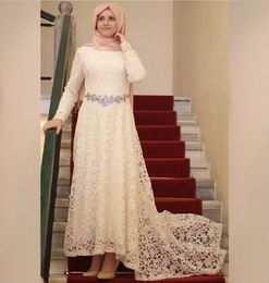 Hot Sale 2016 High Low Beige Lace Hijab Muslim Dubai Kaftan Evening Dresses Long Sleeve Prom Gowns Islamic Party Dress Custom Made d021