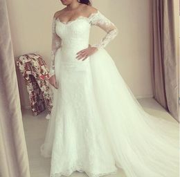 New 2018 Full Lace Long Sleeve Off The Shoulder Mermaid Wedding Dresses With Tulle Detachable Skirt Bridal Gowns Custom Made China EN12073