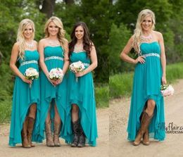 New Modest Teal Turquoise Bridesmaid Dresses Cheap High Low Country Wedding Guest Gowns Beaded Chiffon Junior Plus Size Materni