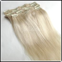 -16 "- 28" Clip polegadas em extensões do cabelo 70g Platinum Blonde Color # 60 Remy 100% virgens humano brasileiro Extenisons cabelo tecer