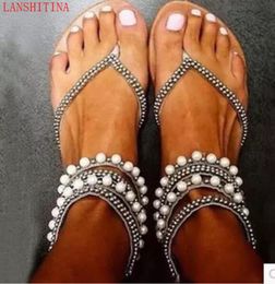 2017 Women Sandals White Pearl Stud Flats Casual Beach Shoes Beading Fashion stud Shoes flip flops Big Size 43