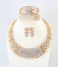 Fashion African Jewellery 18K Gold Plated Crystal Statement Necklace Bangle Earring Ring Set Party Women Wedding Bridesmaid Jewellery sets