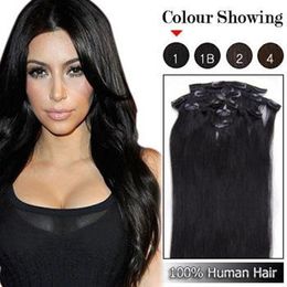 Wholesale - 7a 140g/pc 8pc/set #1 jet black 100% human hair/brazilian hair clips in extensions real straight full head high quality