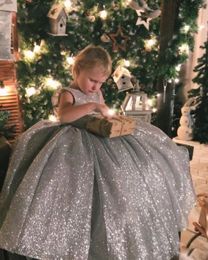 Sparkly Silver Flower Girls Dresses Luxury Sequined Ball Gown Puffy Girls Pageant Dress Custom Made Lovely Kids Formal Wear Birthd2757