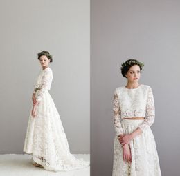 Vintage Bohemian Hi Lo Wedding Dress lace Sale 2016 Sexy Jewel Sheer Illusion Long Sleeve Elegant Empire Two Piece A-Line Ivory Bridal Gowns