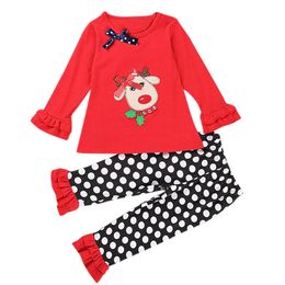 Christmas Pajamas Set Deer Print Long Sleeve T-shirt + Polka Dot Pants Two Piece Baby Christmas Set Girls Outfits Baby Girls Clothing Set