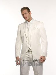 Custom Made One Button Ivory Groom Tuxedos Notch Lapel Groomsmen Best Man Wedding Prom Dinner Suits (Jacket+Pants+Vest+Tie) G5150