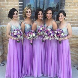 Полнометражный длинный светло-фиолетовый шифон невесты платья невесты Милая бисером спагетти ремешок блесток лифа горный хрусталь свадебные платья