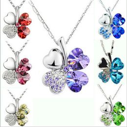 Silver Women Happiness Clover Leaf Crystal Pendant Chain Necklace Valentine Gift Brand New Good Quality Free Shipping