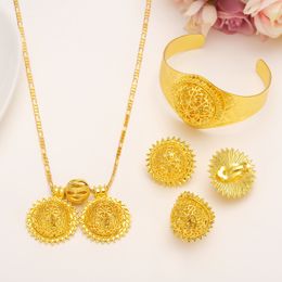 Valuable 24k Real Solid Fine Gold Filled Big Twin Pendant Lovable Smiling face Wedding Jewellery Sets Heavy Luxurious Bridal Romantic Women