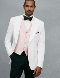 Custom Made One Button White Groom Tuxedos Shawl Lapel Groomsmen Mens Wedding Prom Suits (Jacket+Pants+Vest+Tie) H288