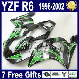 7 free gifts plastic fairing kit for yamaha yzf600 9802 yzfr6 yzfr6 1998 1999 2000 2001 2002 black green fairings set vb93