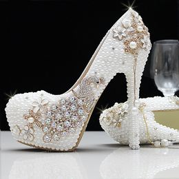 Fashion Luxury Pearls Crystals Rhinestone White ivory Wedding Shoes Size 12 cm High Heels Bridal Shoes Party Prom Women Shoes2467