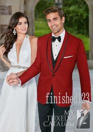 Custom Made One Button Red Groom Tuxedos Shawl Lapel Groomsmen Best Man Wedding Prom Dinner Suits (Jacket+Pants+Vest+Tie) G5165