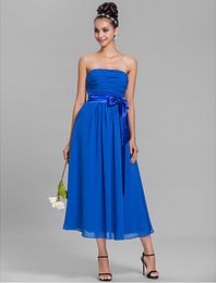 Plus Sizes A-line Strapless Tea-length Chiffon Elegant Bridesmaid Dress Brides Maid Dress