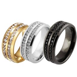 Ring Jewellery Fashion Sz17-21 Black Gold Silver CZ Rhinestone Stainless Steel 30pcs lots Ring Men Womens Titanium Wedding Engagement Band