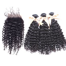 Brazilian Bundle Hair With Lace Closure Kinky Curly Weaves Mink Hair Remy Human 3PCS Cheap Hair Extensions 1p closure