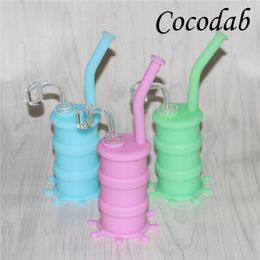 Silicone Mini Bong Water Pipe Glow in dark Colour Silicon Bongs Pipes with 14mm male joint quartz nail and glass downstem