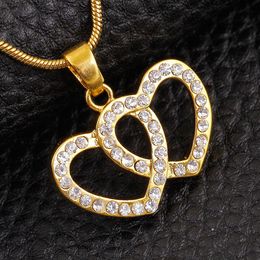 Double Heart Shaped Crystal 18k Yellow Gold Filled Womens Romantic Pendant Necklace Chain
