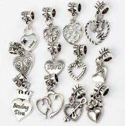 Angel LOVE Heart Flower Charm Big Hole Beads 120pcs/lot Tibetan Silver Fit Dangle Bracelets Jewelry DIY B339-B958