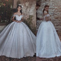 Royal Lace Ball-Gown Wedding Dress Sparkly Beaded Off Shoulder Appliques Puffy Bridal Dresses Glamorous Satin Floor Length Wedding Dresses