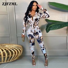 Aesthetic Print Hipster 2 Piece Tracksuit Women Trendy Turn Down Collar Long Sleeve Shirt and Bodycon Pencil Trouser Co Ord Set 220315