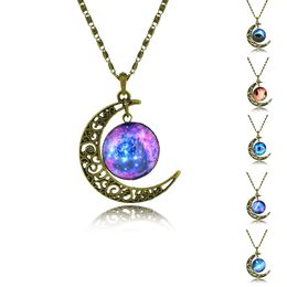 Moon Pendant Necklace Brand Fashion Jewellery Galaxy Glass cabochon vintage bronze Chain statement necklace women accessories