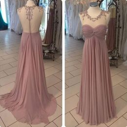 dusty pink evening dress chiffon UK - Stunning 2017 Dusty Pink Chiffon Evening Dresses Long Sexy Sheer Neck Illusion Back With Beads Formal Dresses Party Evening EN11276
